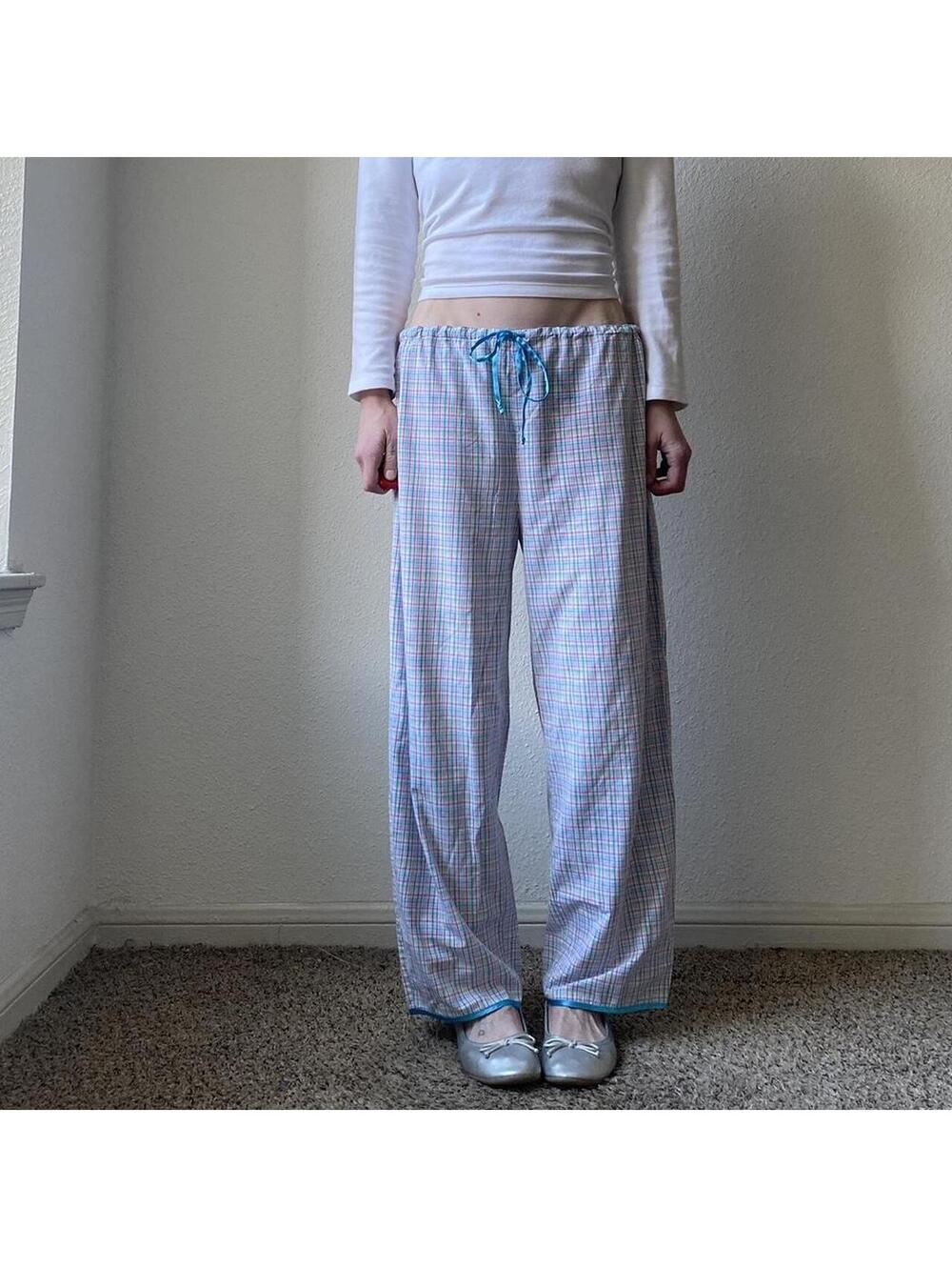 Vintage y2k low rise wide leg plaid multi colored lightweight pajama bottoms